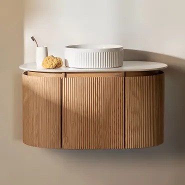 Conjunto De Móvel De Casa De Banho Suspenso Em Madeira Carsone Madeira Natural & Sem Unidade Auxiliar & Cerâmica Redonda Riscas Brancas - Sklum