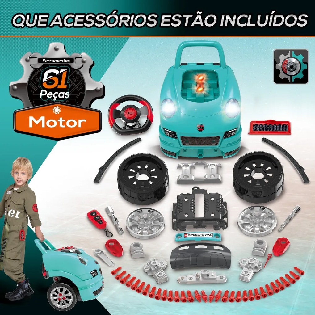 Motor de Camião para Crianças acima de 3 Anos Conjunto de Motor de Brinquedo com 61 Peças Volante Buzina Faróis Caixa de Armazenamento e Rodas 40x39x4