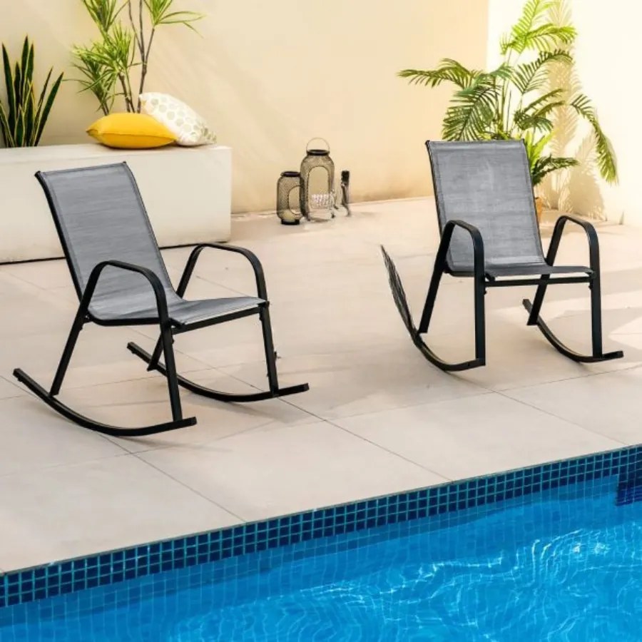 Conjunto de 2 cadeiras de baloiço para jardim Assento ergonómico em textilene Baloiço suave Carga até 150 kg 91 x 62 x 86 cm Cinzento