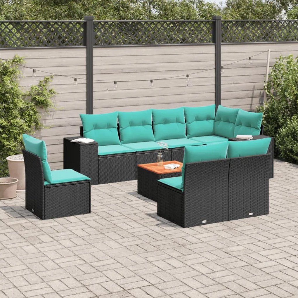 vidaXL 9 pcs conjunto de sofás p/ jardim c/ almofadões vime PE preto