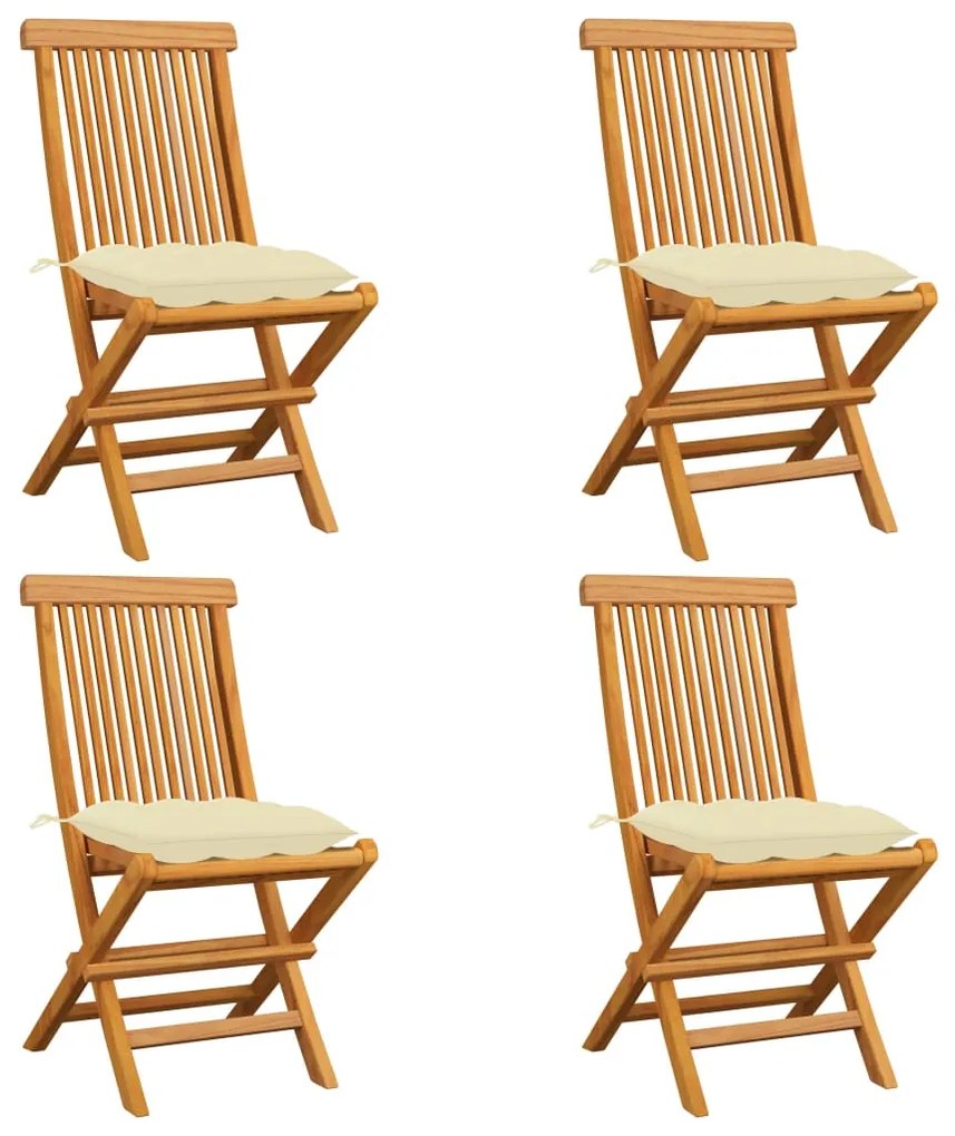 vidaXL Cadeiras de jardim c/ almofadões branco nata 4 pcs teca maciça