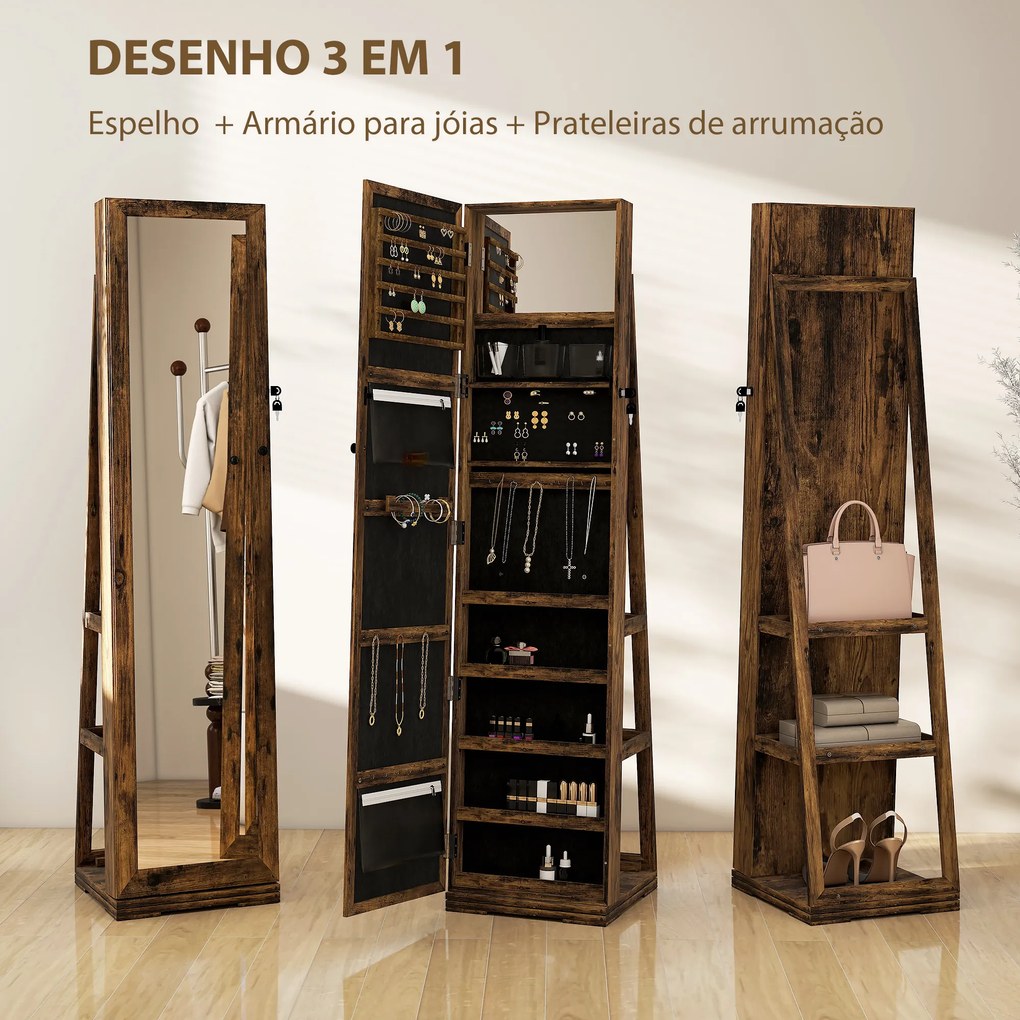 Joalheiro de Pé Armário para Jóias 360° com Fechadura e Espelho Incorporado Carga Máxima 20 kg 38x38x160 cm Castanho Rústico
