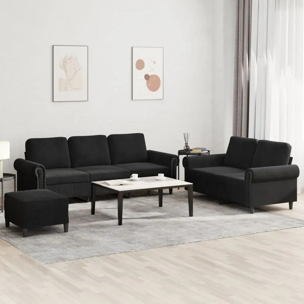 3 pcs conjunto de sofás com almofadões veludo preto