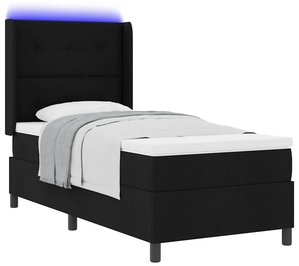 Cama Box com Colchão e LED Preto 100x200 cm Tecido