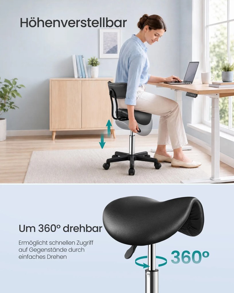 Banco de sela em couro PU , regulável em altura, 56x56x68,5-82,5 cm preto