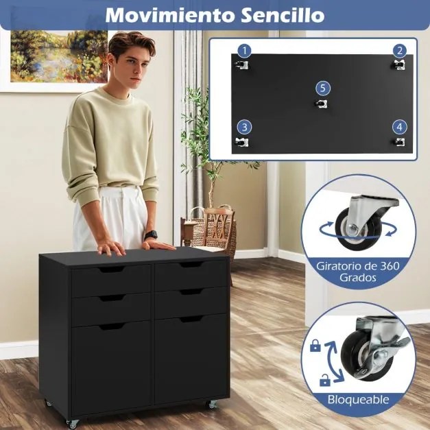Armário de Escritório e 2 portas Móvel com gavetas móveis e 5 rodas 73 x 40 x 64,5 cm Preto