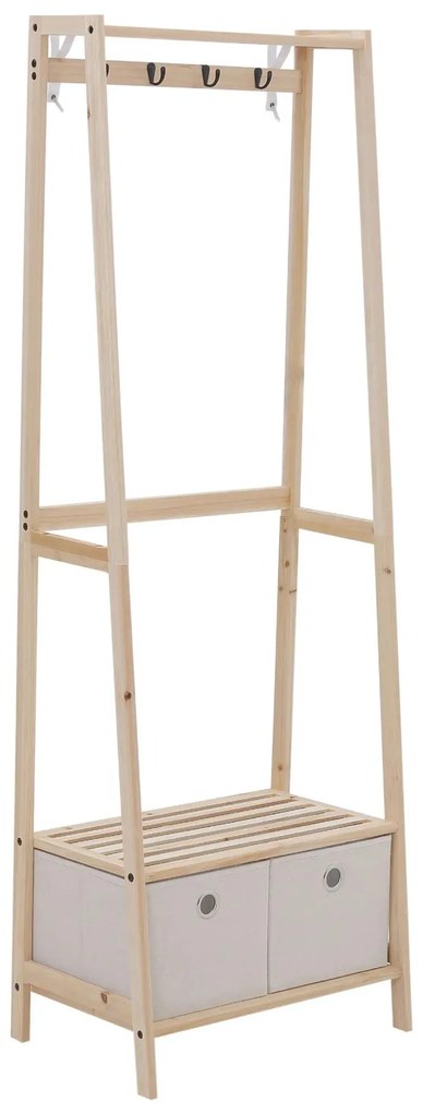 HOMCOM Suporte para Cabides de Madeira 2 Prateleiras Cabide com 2 Gavetas de Tecido 4 Ganchos e Barra para Pendurar 58x36x168cm Madeira