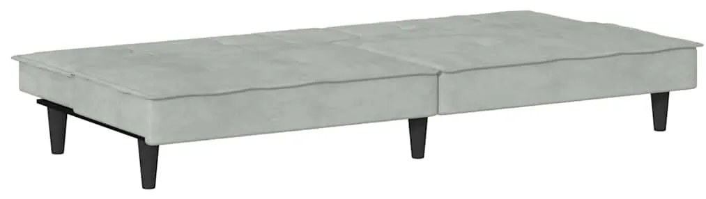 Sofá-cama com suportes para copos veludo cinzento-claro