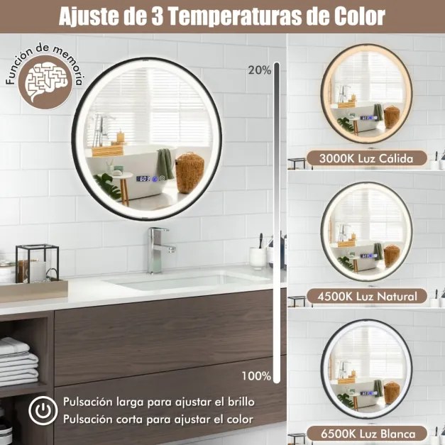 Espelho de casa de banho redondo Espelho de toucador com luz LED de 3 cores Função de memória Leitura do tempo de embaciamento e da temperatura 60 x 6
