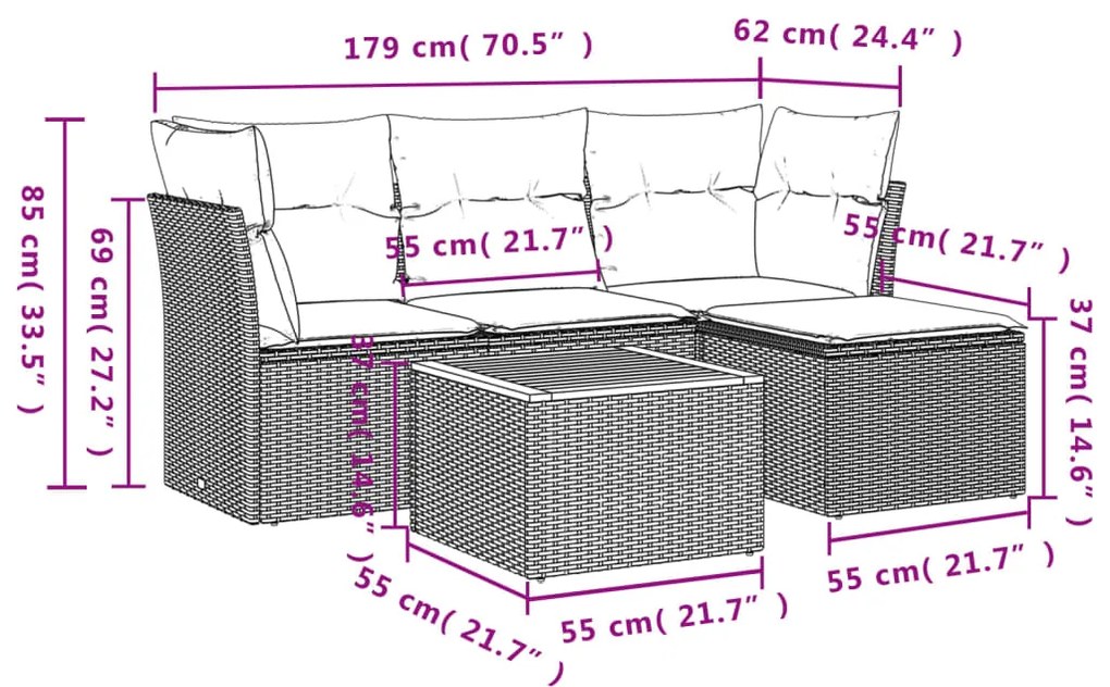 5 pcs conjunto sofás de jardim c/ almofadões vime PE cinzento