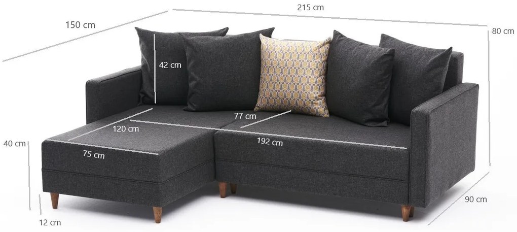 Sofá-Cama de Canto Aydam – Antracite – 215x80x150cm