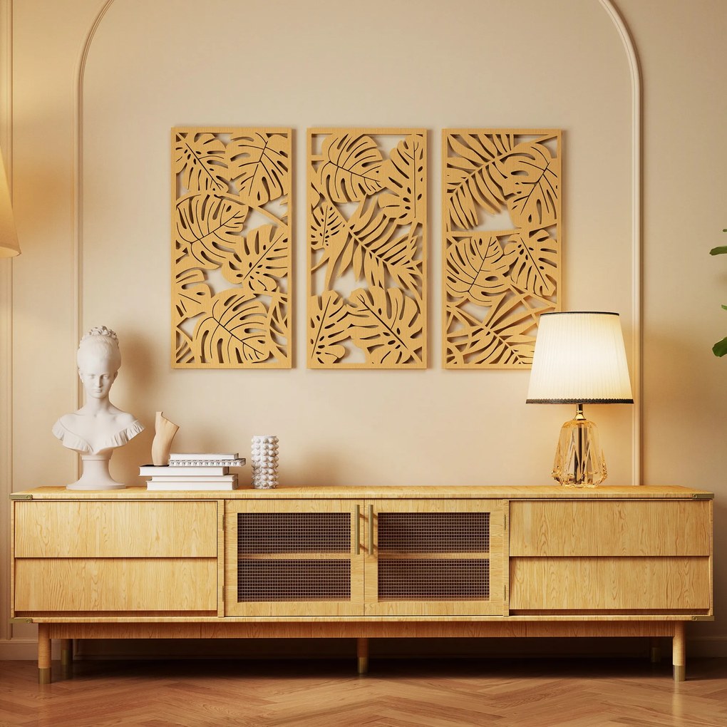 Decoração de Parede de Madeira 3D 3 Peças 40x80 cm Adornos com Padrão de Folhas Tropicais Madeira