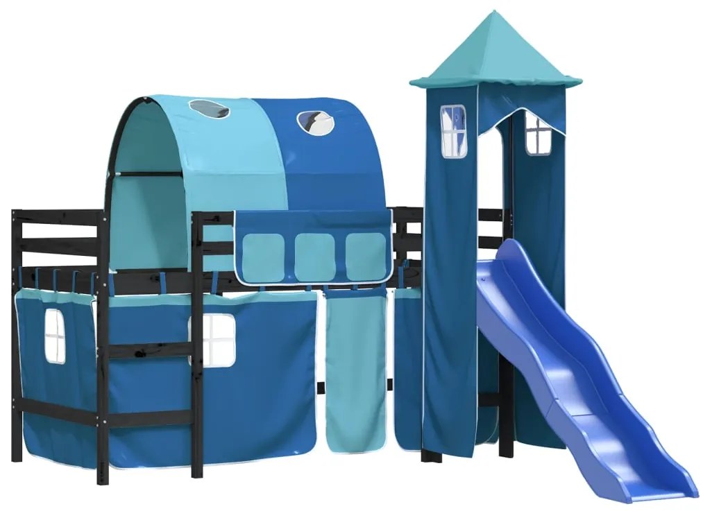 Cama alta para criança com torre 80x200 cm pinho maciço azul