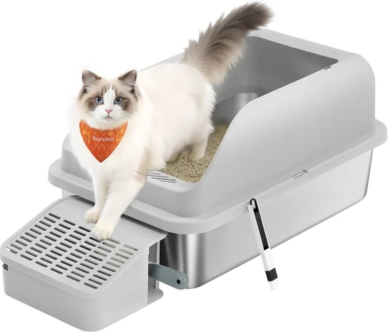 Caixa de areia para Gatos 62 x 42 x 30 cm em aço inoxidável com borda alta e acessórios cinzento