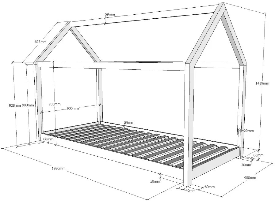 Cama criança Casa CABANE (90x200cm) + Estrado + Colchão Branca