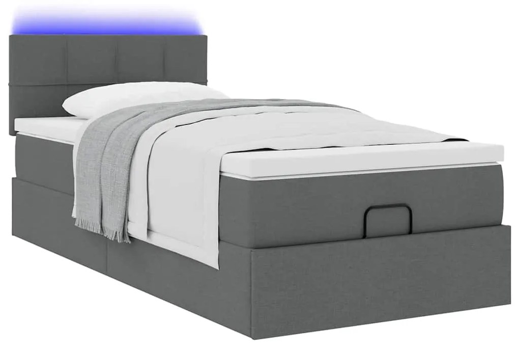 Cama otomana com colchão & LEDs 90x200cm tecido cinzento escuro