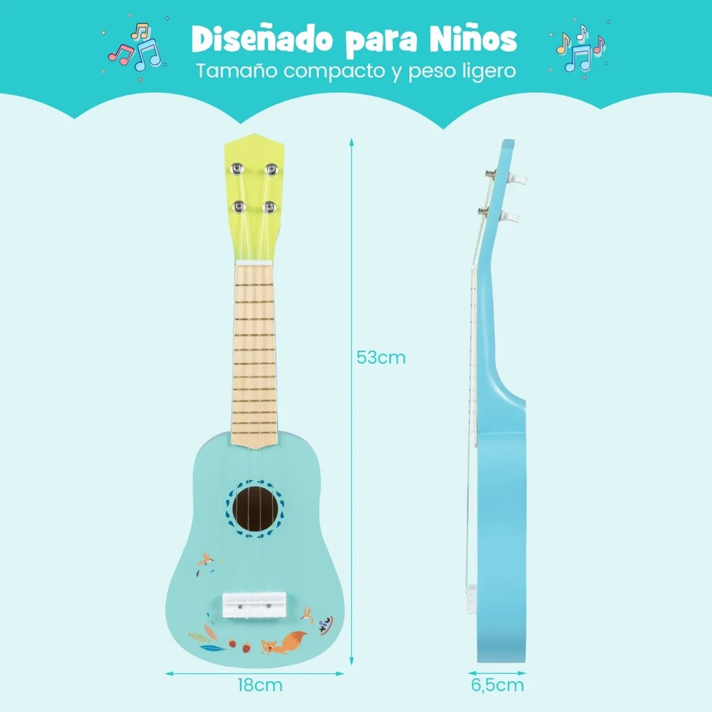 Ukelele de 21 polegadas para crianças de 4 cordas com corpo em madeira Basswood para maiores de 3 anos Instrumento musical azul