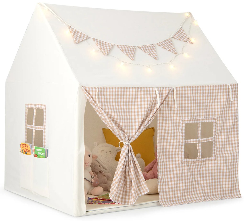 Tenda de casinha de brinquedo, tapete acolchoado, 2 janelas, 2 bolsos de armazenamento, luzes de estrela, flâmula, tenda para crianças de 3 a 8 anos, rosa