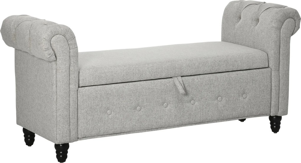 Banco com baú 2 em 1 em tecido com aspeto de linho e pés de madeira 146,5 x 49 x 72 cm cinzento