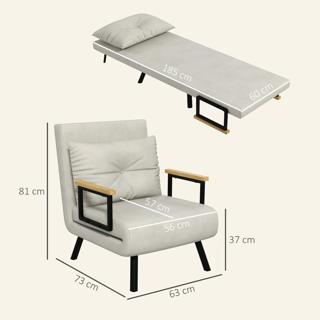 Poltrona convertível 4 em 1 63 L x 73 P x 81 A cm, cama individual, encosto com 5 posições, braços em madeira com almofada, tecido com efeito de velud