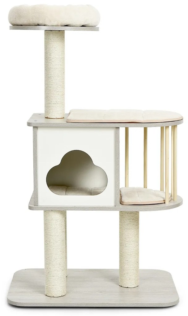 Arranhador Torre de madeira para gatos com plataforma para arranhar e almofadas, casa para gatinhos e gatos cinzento