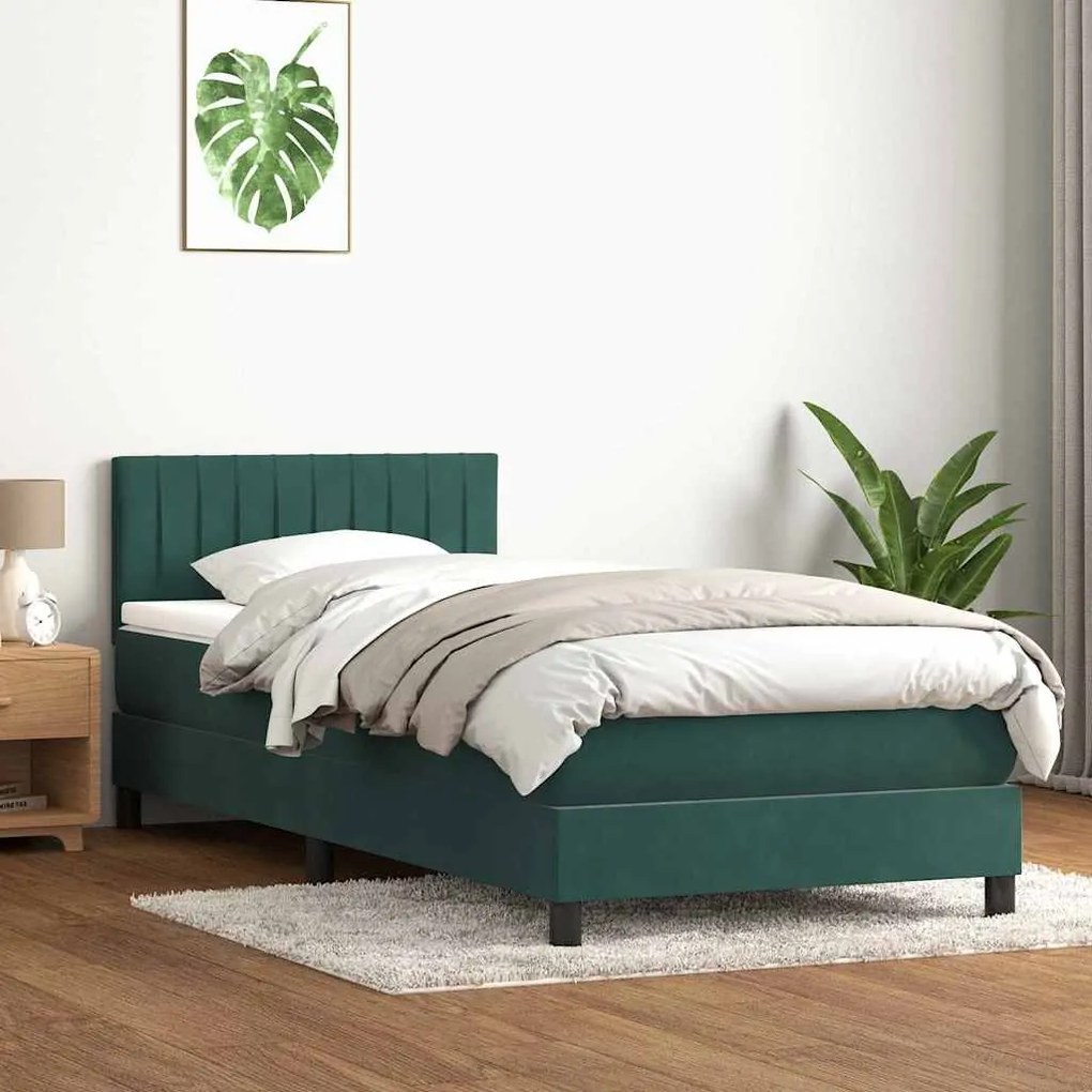 Cama com molas/colchão 90x220 cm veludo verde-escuro