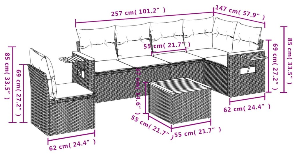 7 pcs conjunto de sofás p/ jardim c/ almofadões vime PE preto