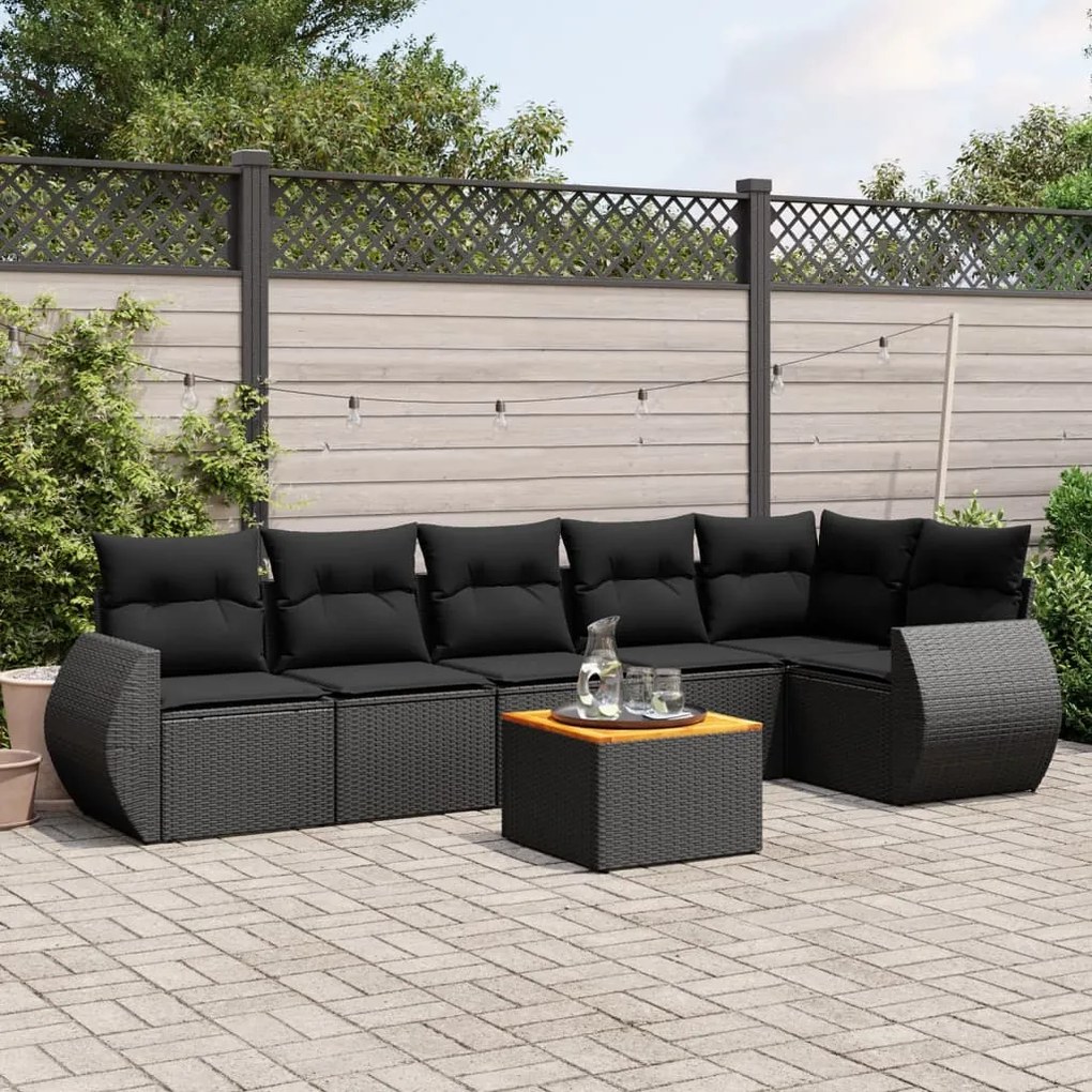 vidaXL 7 pcs conjunto de sofás p/ jardim c/ almofadões vime PE preto