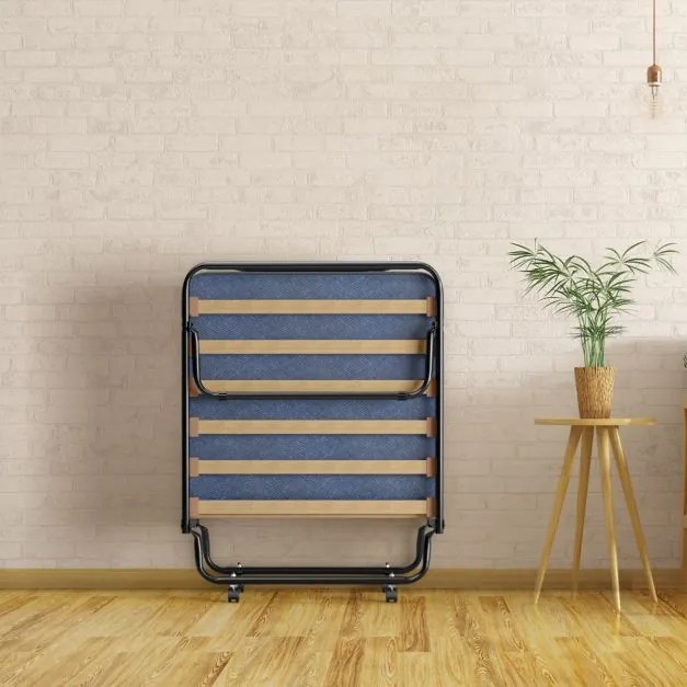 Cama dobrável com colchão Cama de hóspedes portátil com rodas em espuma de memória Estrutura de aço 190 x 80 x 33 cm Azul