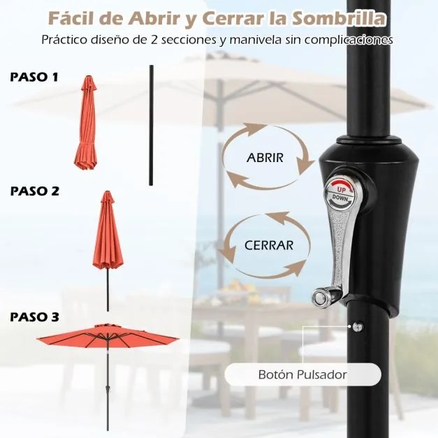 Guarda-sol 303 cm com mecanismo de inclinação de 25° e manivela, 8 varetas reforçadas para terraço, sem base Laranja