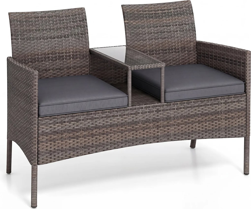 Banco jardim de rattan com mesinha para 2 pessoas em vidro temperado 62 x 124 x 84 cm, estante aberta, estrutura metálica, almofadas e capas laváveis,