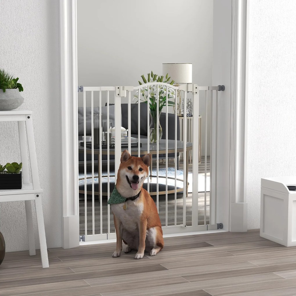 Barreira de segurança extensível para cães, 74-100 cm, fecho automático, fixação por pressão sem necessidade de perfuração, branca