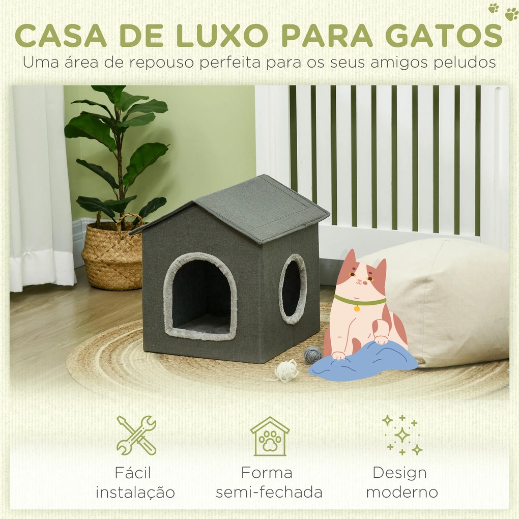 Casa para Gatos Caverna para Gatos com 2 Portas e Almofada Lavável 39x43,5x40,5 cm Cinzento