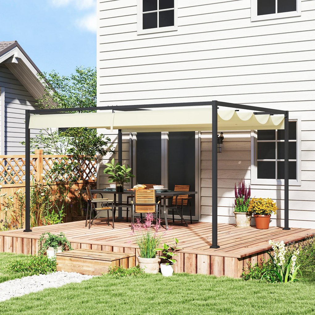 Pérgola 400x300x222 cm Pérgola de Jardim com Teto Retrátil de Poliéster com Revestimento para Celebrações Festas Casamento Creme