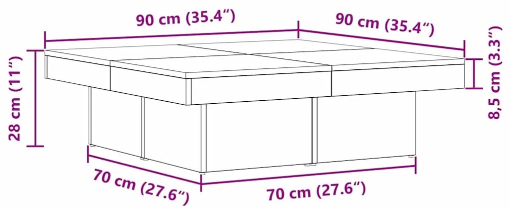 Mesa de Centro vidaXL Preta em Carvalho de 90x90x28 cm de Madeira de E