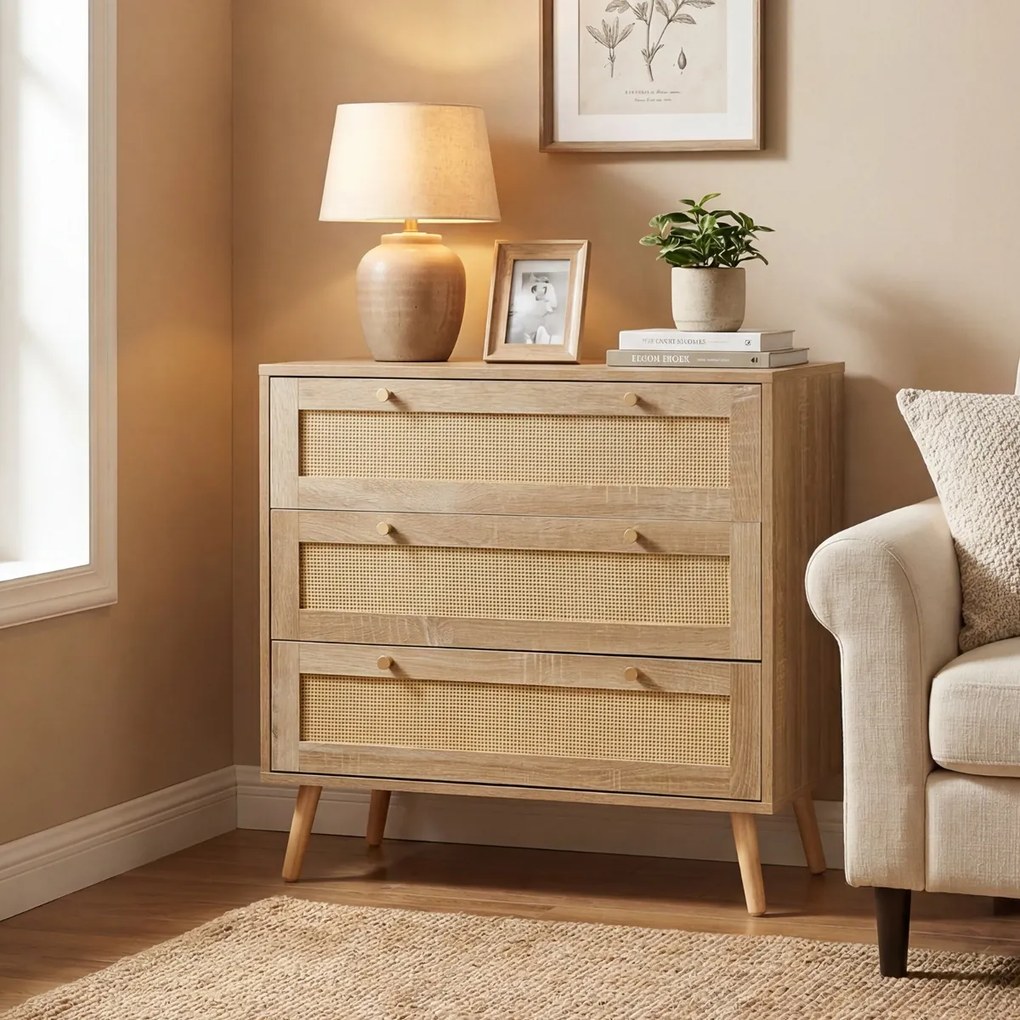 Cómoda em rattan 80 x 40 x 75,5 cm com 3 gavetas e pés em madeira de pinho, estilo boémio, para o quarto, sala de estar ou hall de entrada, com um toq