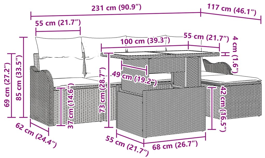 Conjunto de Sofá de Jardim de 6 Peças vidaXL com Almofadas Vime Castan