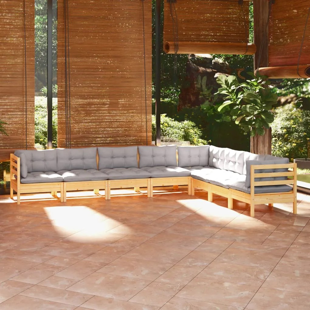 vidaXL 8 pcs conjunto lounge de jardim + almofadões cinza pinho maciço