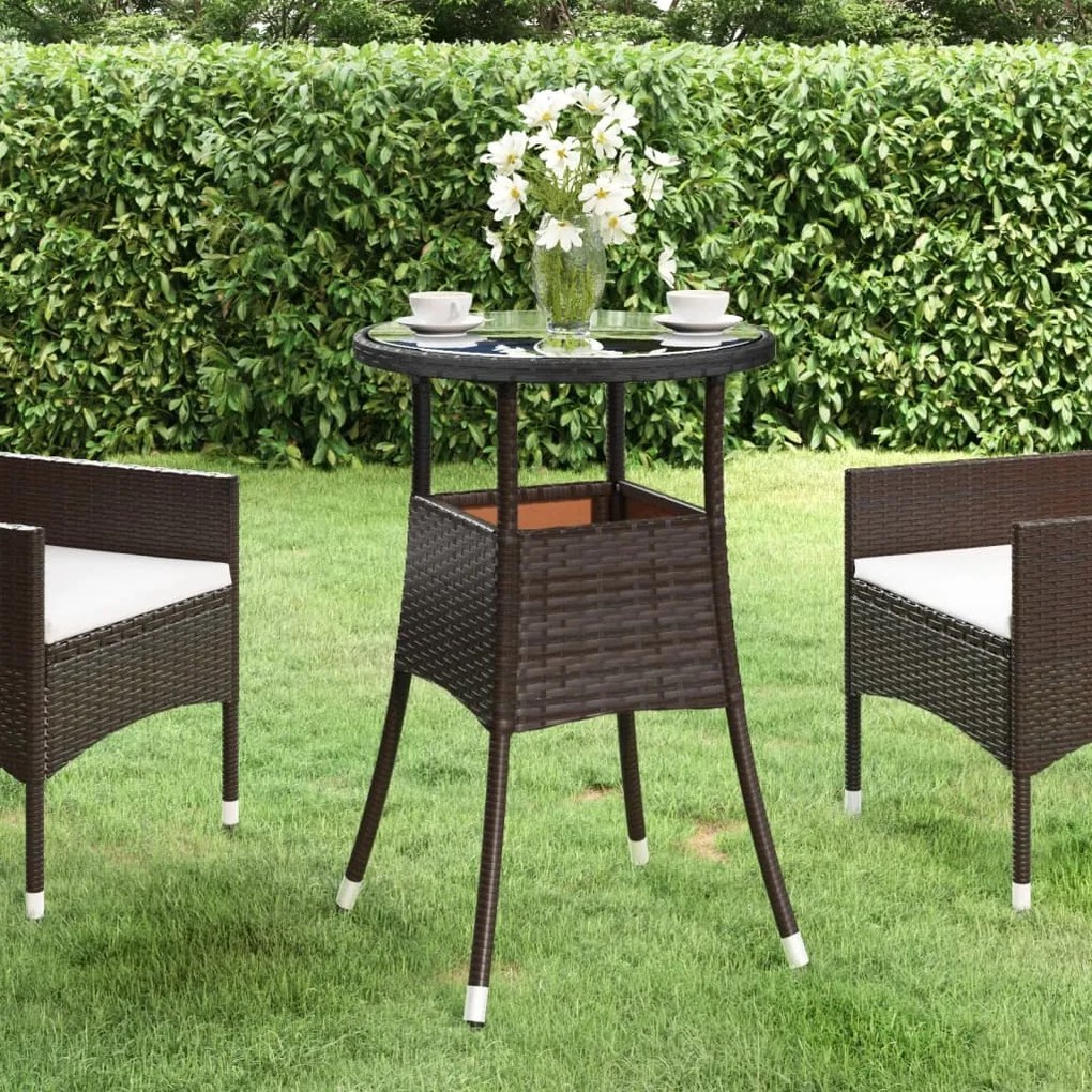 310599 vidaXL Mesa de jardim Ø60x75 cm vidro temperado e vime PE castanho