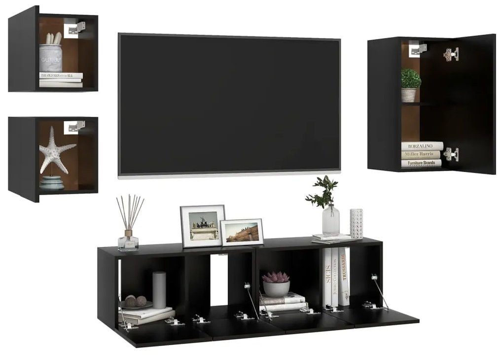 Conjunto de 5 Móveis de Parede de TV Sines S - Preto - Design Moderno