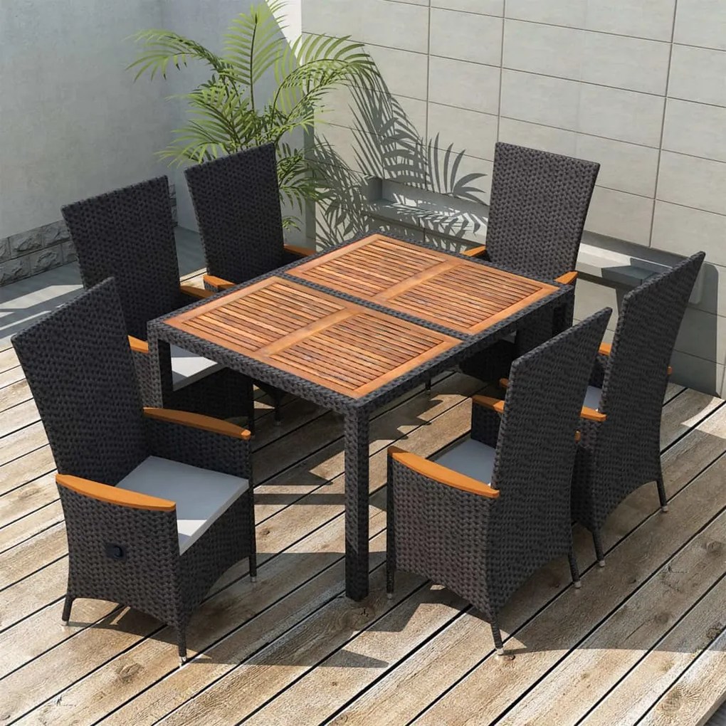 7 pcs conjunto jantar p/ exterior vime PE madeira acácia preto