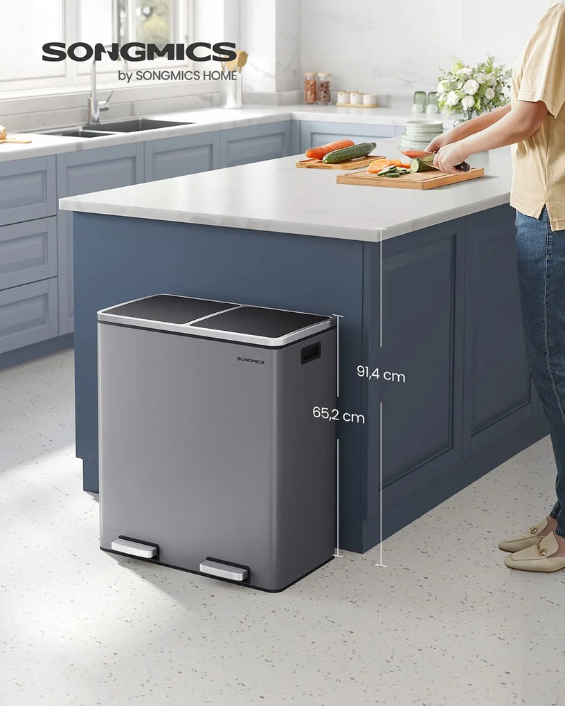 Caixote do lixo com 2 compartimentos e tampa articulada 2 x 30 litros cinzento ardósia