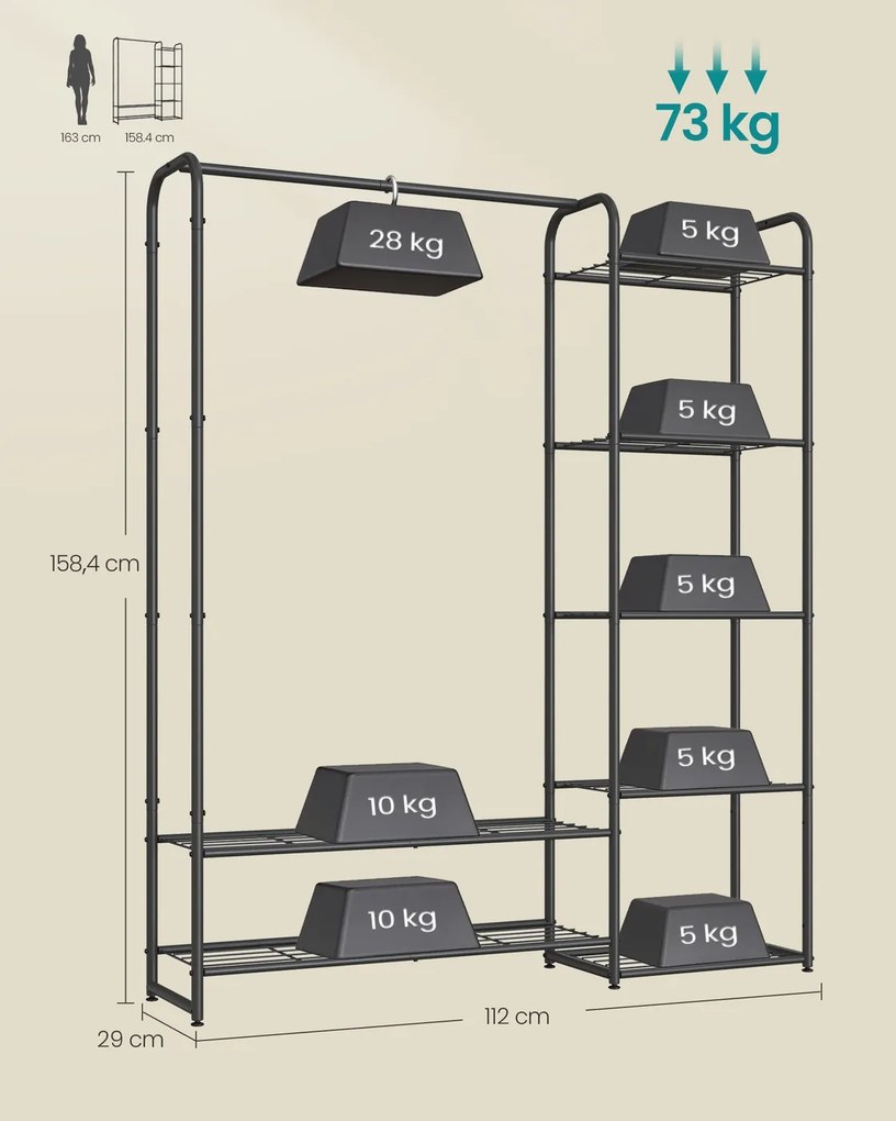 Guarda roupa aberto com prateleiras 29 x 112 x 158,4 cm, preto