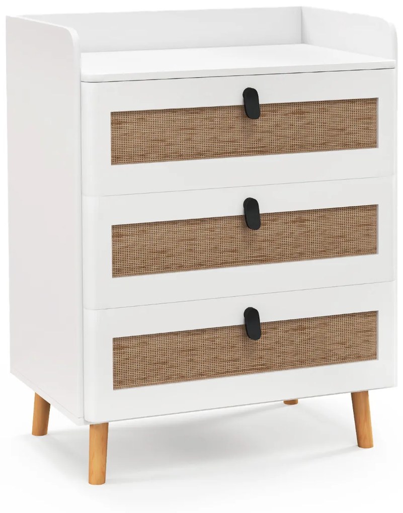 Mesa de cabeceira com 3 gavetas decoradas em rattan Pernas de madeira 60 x 40 x 75 cm Branco