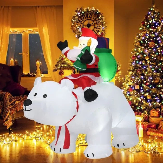 Pai Natal no urso polar com cabeça rotativa Decoração Natal insuflável com poliéster impermeável e luzes LED