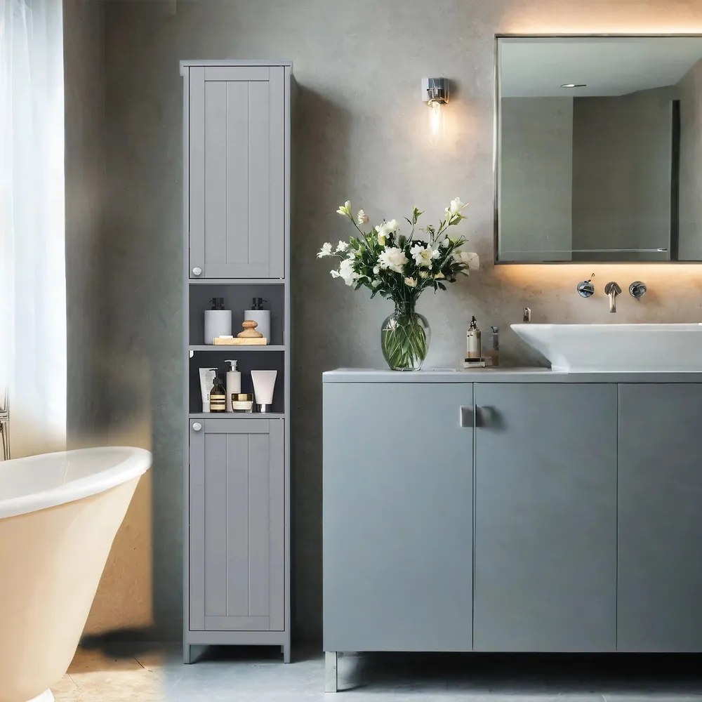 Armário alto para casa de banho com iluminação 30,1 x 30,1 x 170,1 cm, prateleiras ajustáveis, compartimentos abertos Cinzento