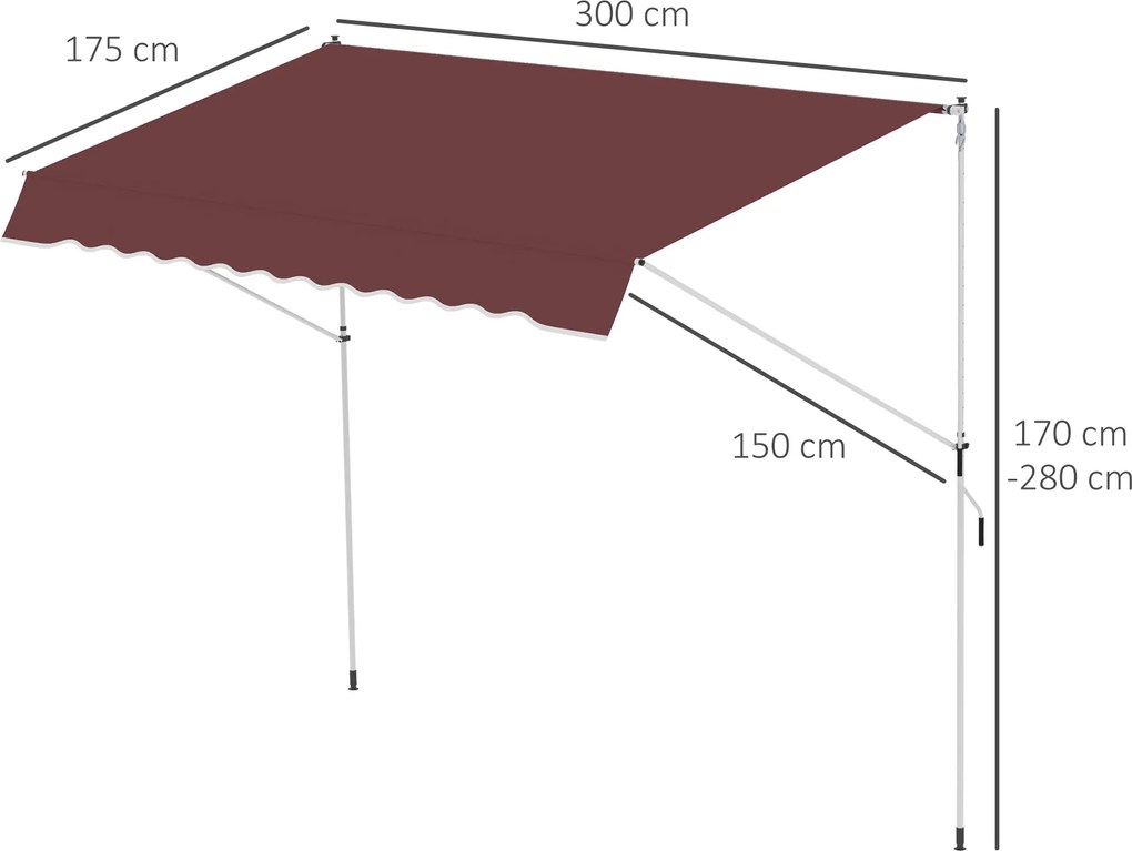 Toldo manual retrátil 3 m x 1,5 m - Inclinação e altura ajustáveis - Metal (alumínio) e poliéster anti-UV, cor bordô