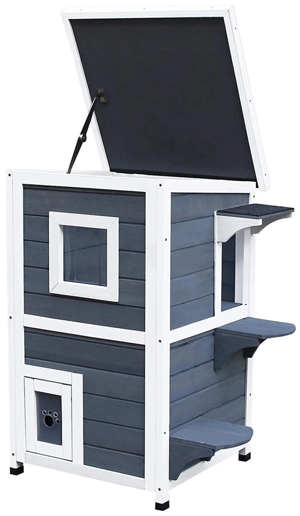 Casa para Gatos de Madeira Exterior Casa para Gatos de 2 Andares com Teto se Abre Janelas e 2 Plataformas para Terraço Balcão Jardim 51x51x81,3cm Cinza