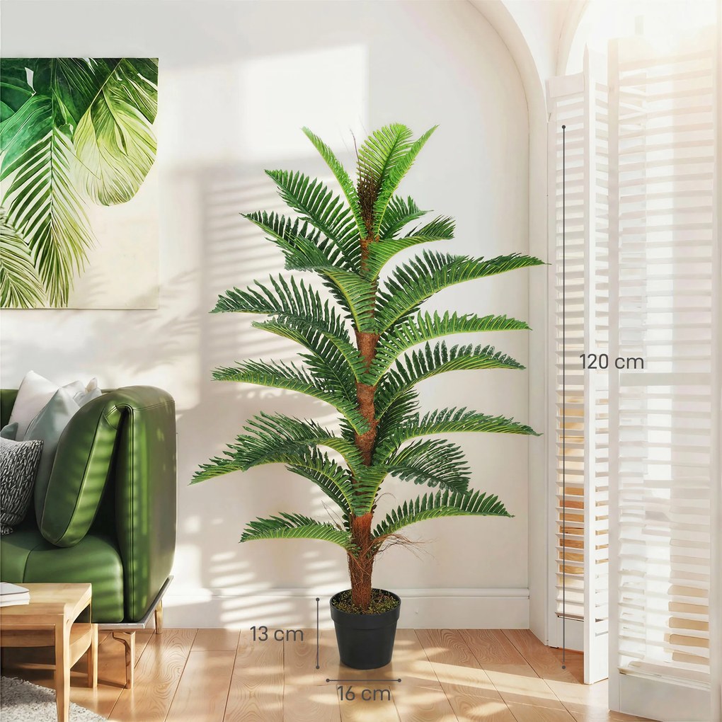 Palmeira artificial de 120 cm com 24 folhas em PEVA, planta decorativa com vaso de plástico, verde