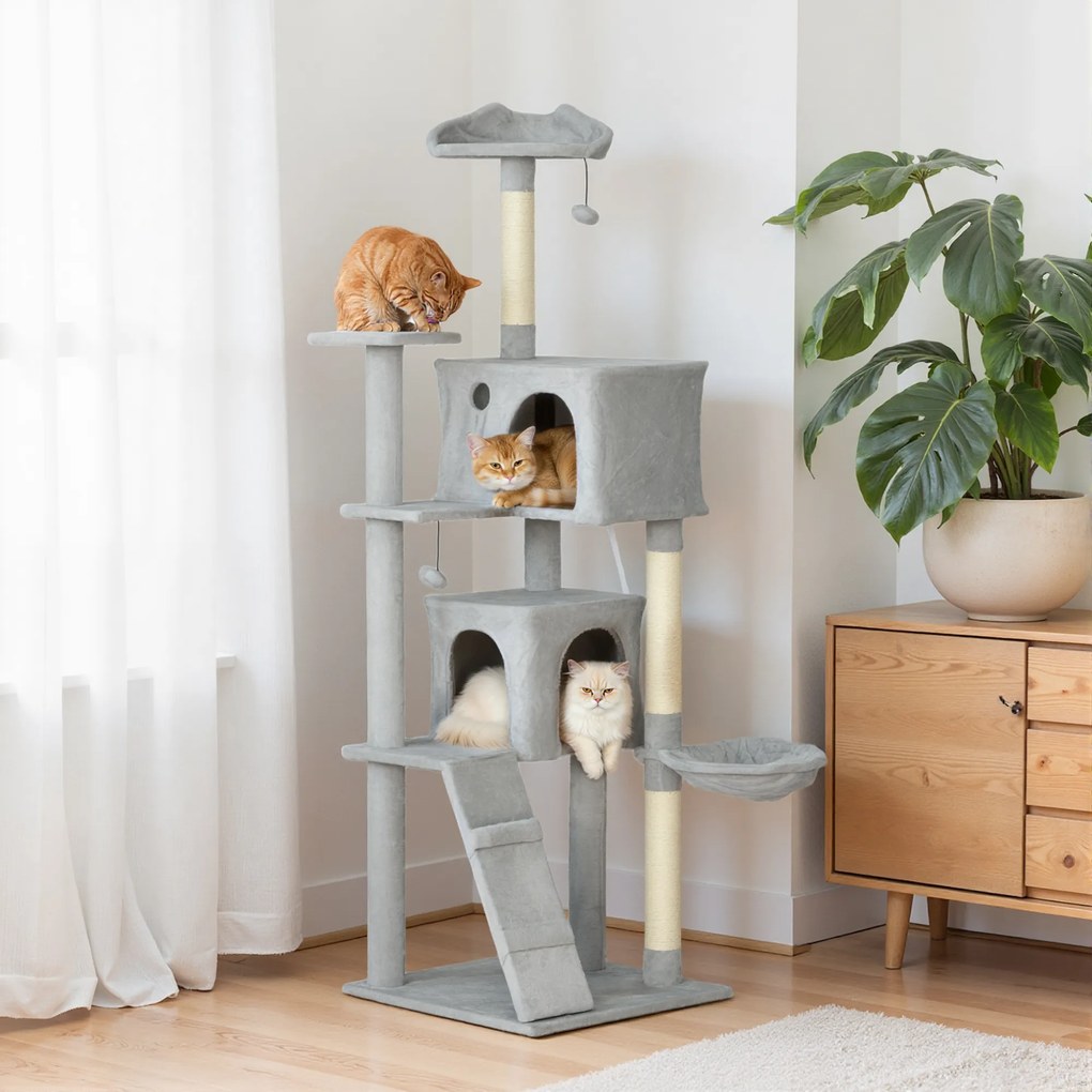 Arranhador para gatos com torre de brincadeiras, plataformas, compartimentos abertos, cama, rede, escada e arranhadores de sisal 56x56x180 cm cinzento